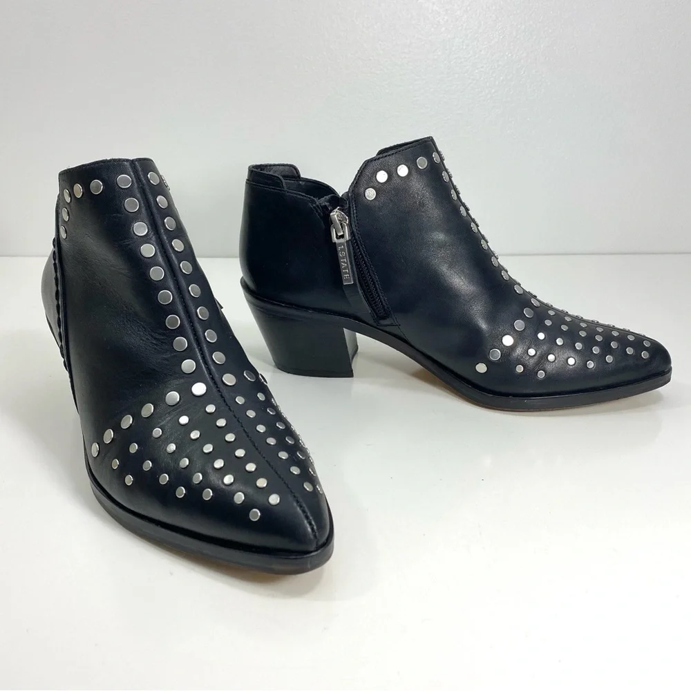 1. State Loka Black Leather Silver Studded Moto Biker Rock Western Ankle Boots 6